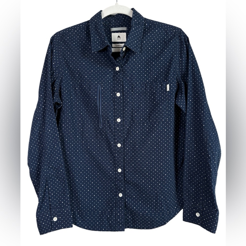 Burton Women’s Polka Dots Navy Blue White Long Sleeve Button Up Top Size Large